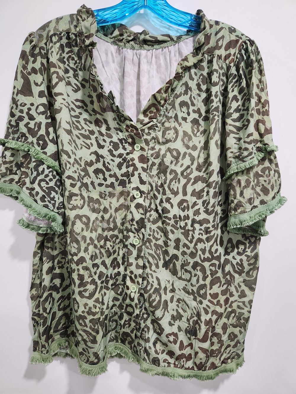 Olive Green Leopard-Print Ruffle Button Front Blouse